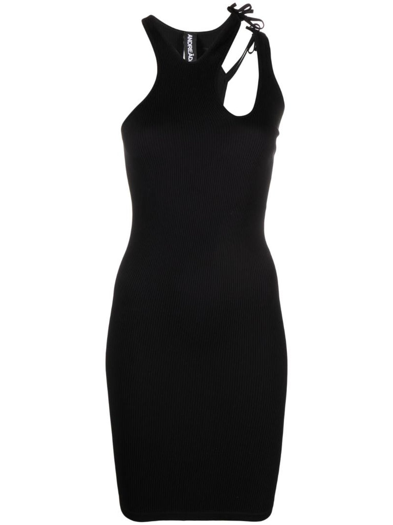 Black Ribbed Asymmetric Sleeveless Dress
