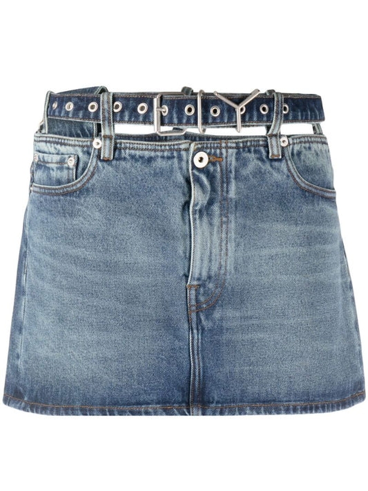 Blue Y-belt Denim Mini Skirt