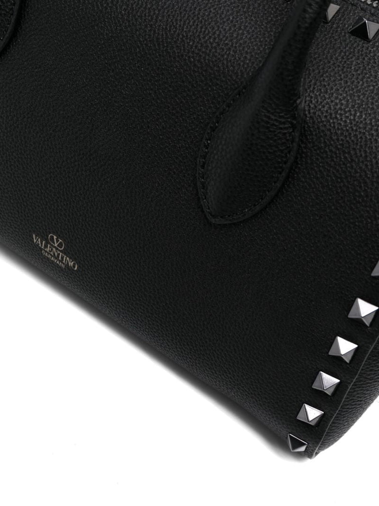 Black Rockstud Leather Tote Bag