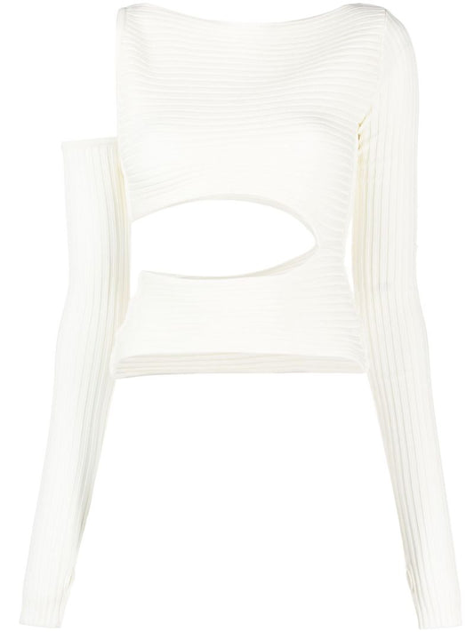 White Ribbed-knit Cut-out Top