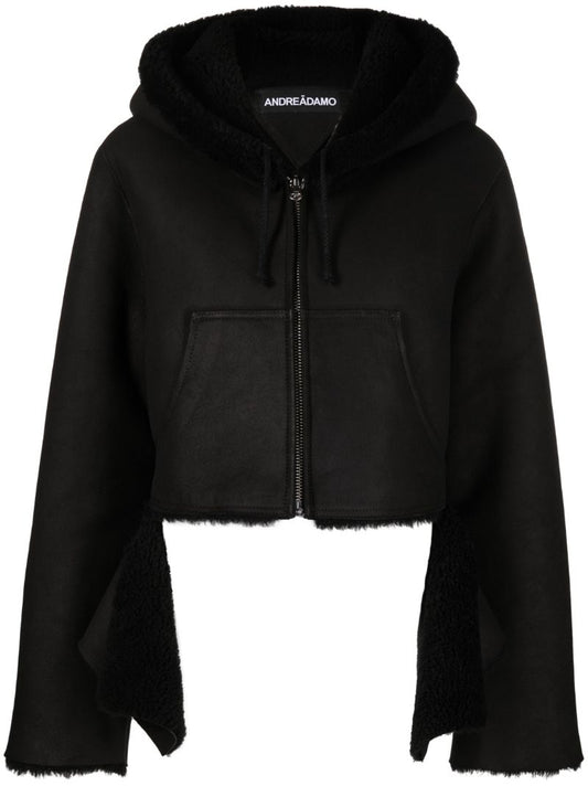 Black Reversible Shearling Cropped Hoodie