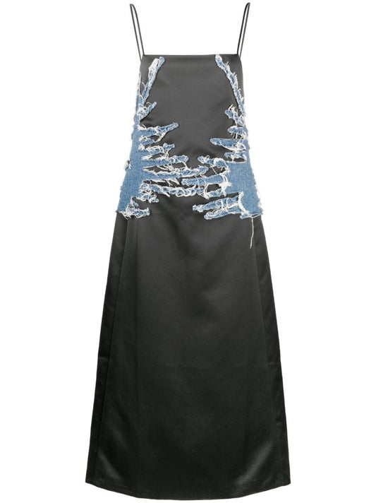 Black Whisker Denim-embellished Slip Dress