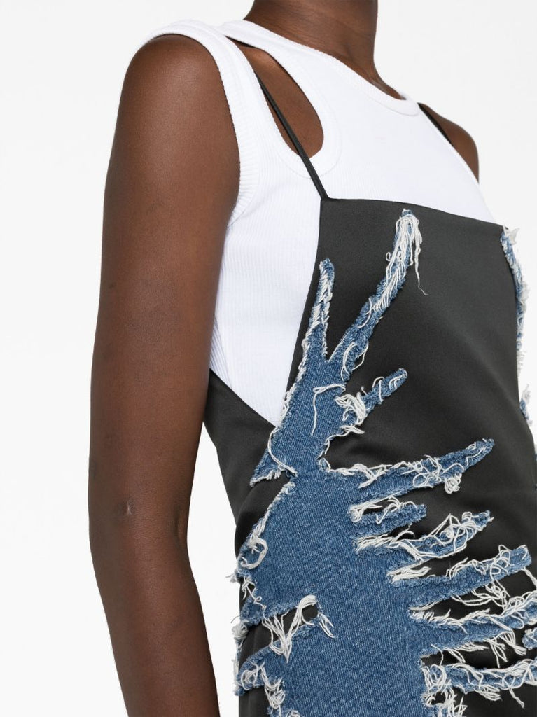 Black Whisker Denim-embellished Slip Dress