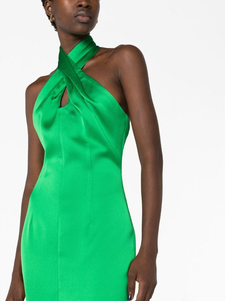 Green Cut-out Halterneck Satin Dress