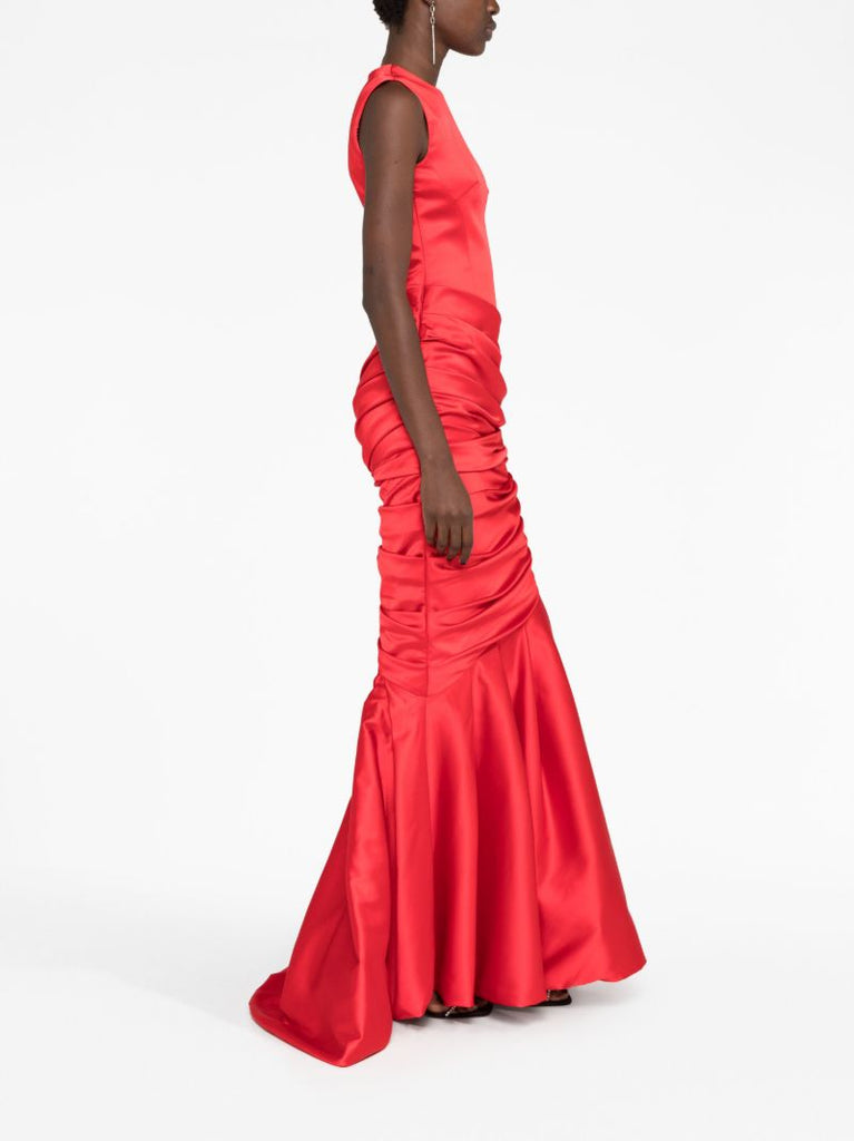 Red Gathered Satin Mermaid Gown