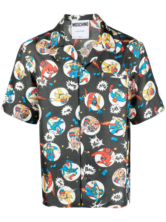 Grey Cartoon-print Silk Shirt
