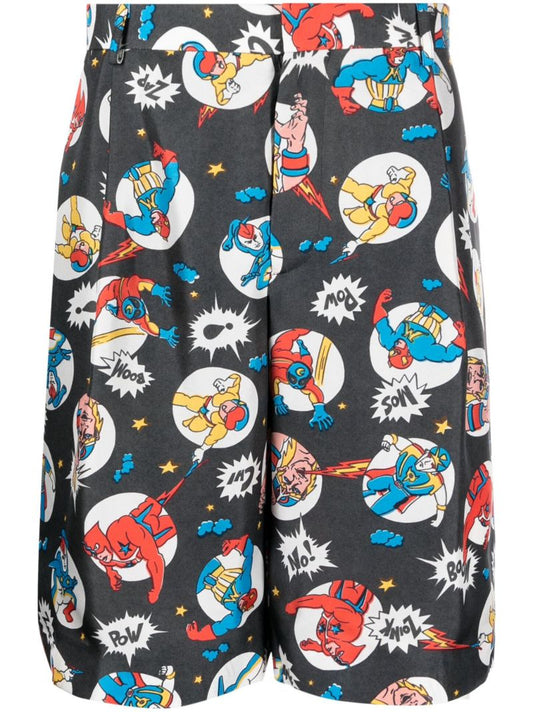 Grey Cartoon-print Silk Shorts