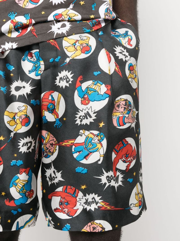 Grey Cartoon-print Silk Shorts