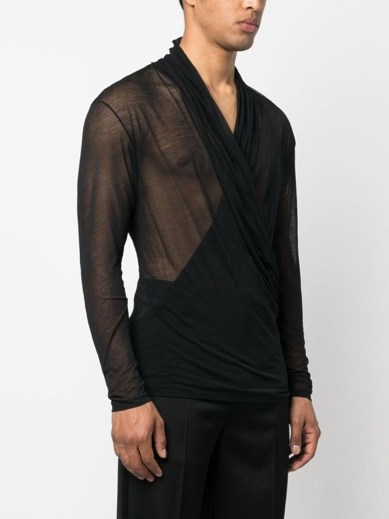 Black Semi-sheer Cotton Wrap Blouse