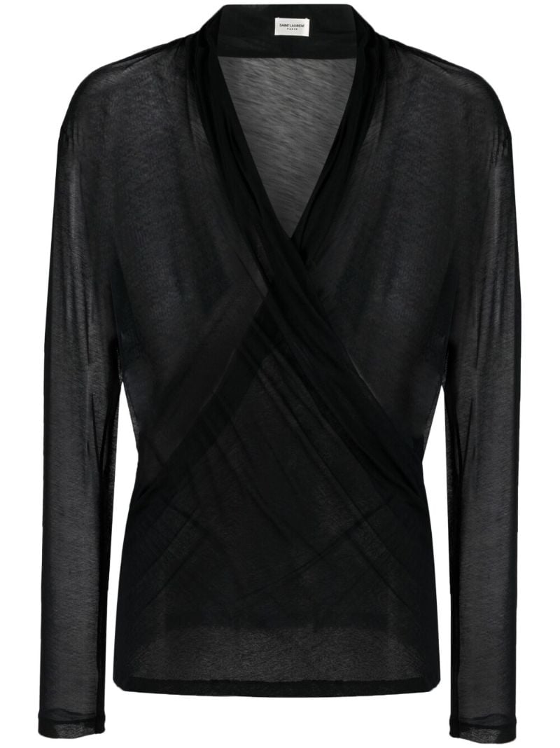Black Semi-sheer Cotton Wrap Blouse