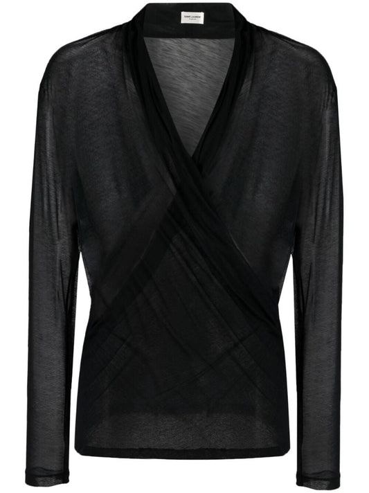 Black Semi-sheer Cotton Wrap Blouse