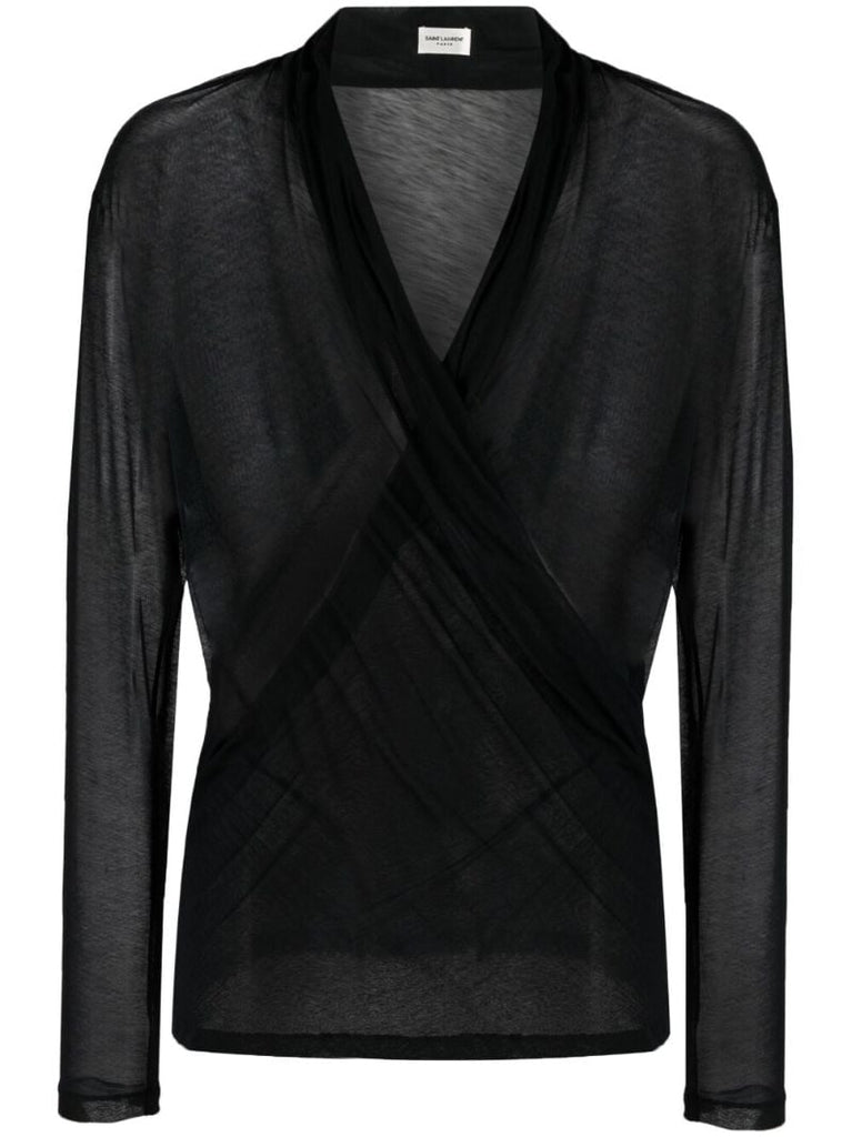 Black Semi-sheer Cotton Wrap Blouse