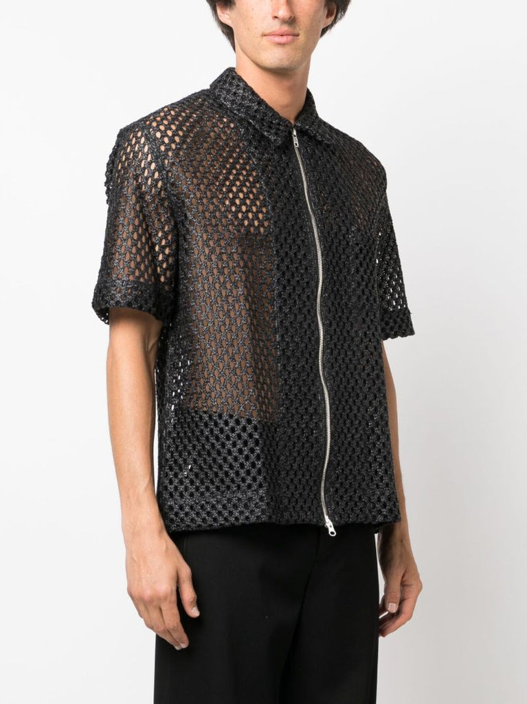 Black Zip-up Open-knit Shirt