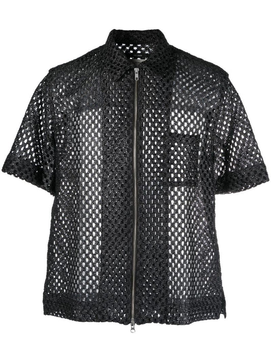 Black Zip-up Open-knit Shirt