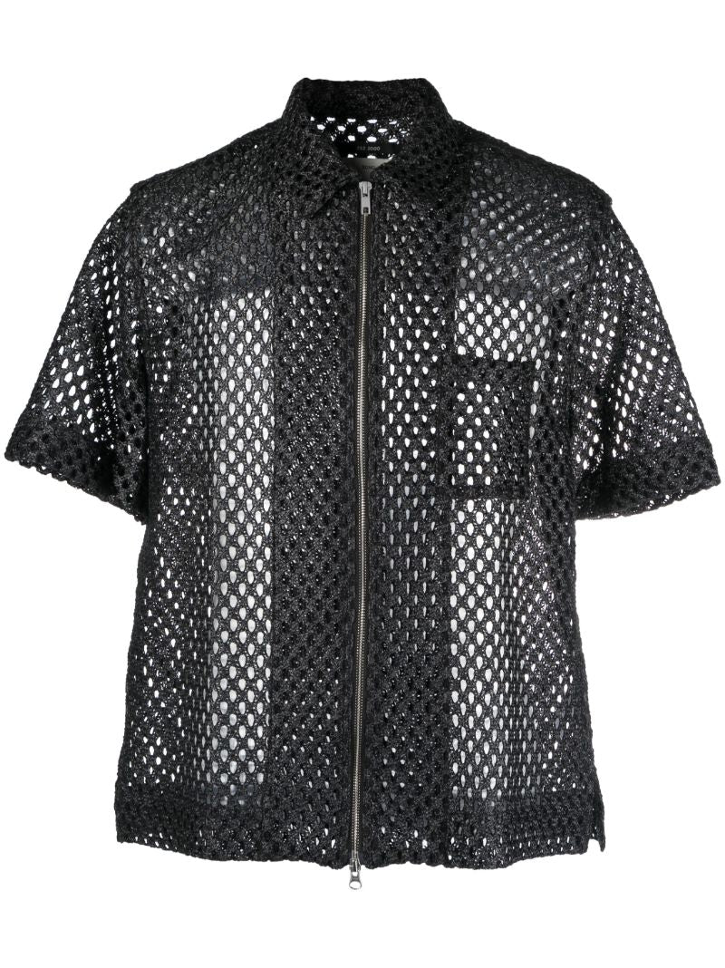 Black Zip-up Open-knit Shirt