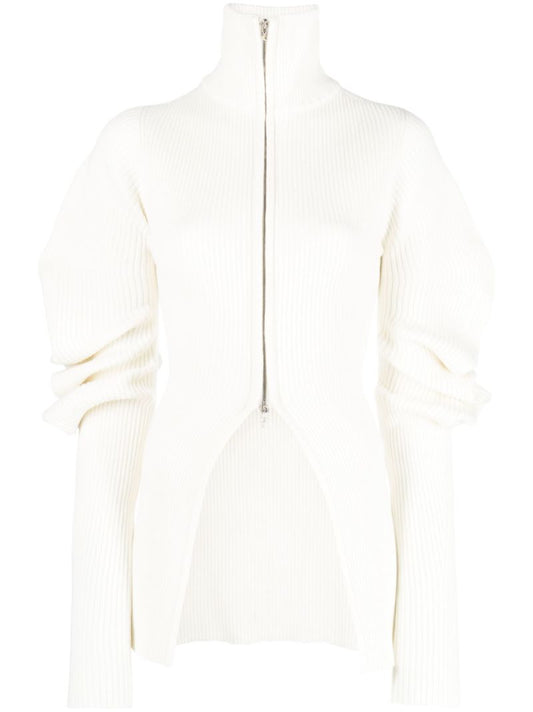 White Gathered-sleeve Ribbed-knit Cardigan