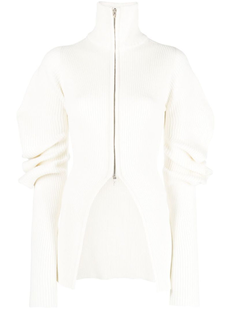 White Gathered-sleeve Ribbed-knit Cardigan