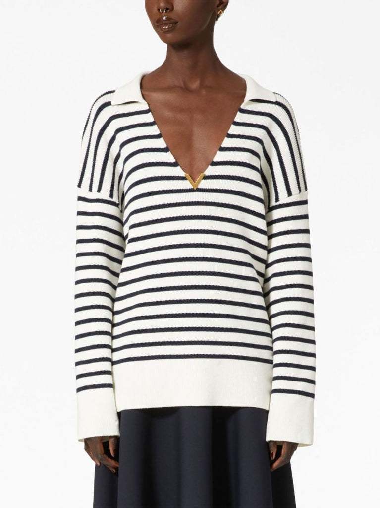 White Vgold Striped Cotton Sweater