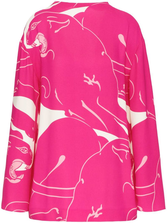 Pink Cady Panther-print Silk Blouse
