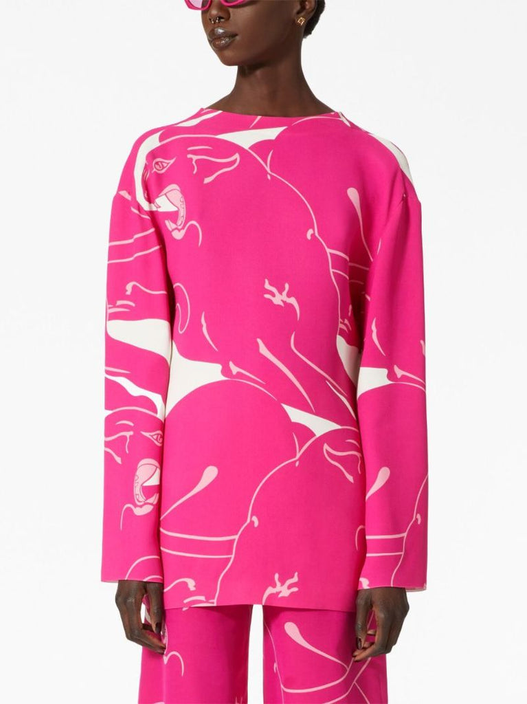 Pink Cady Panther-print Silk Blouse