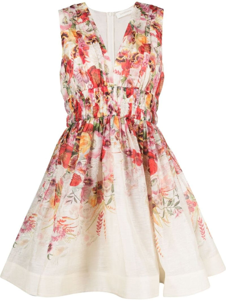 Beige Poppy Print V-neck Flared Dress