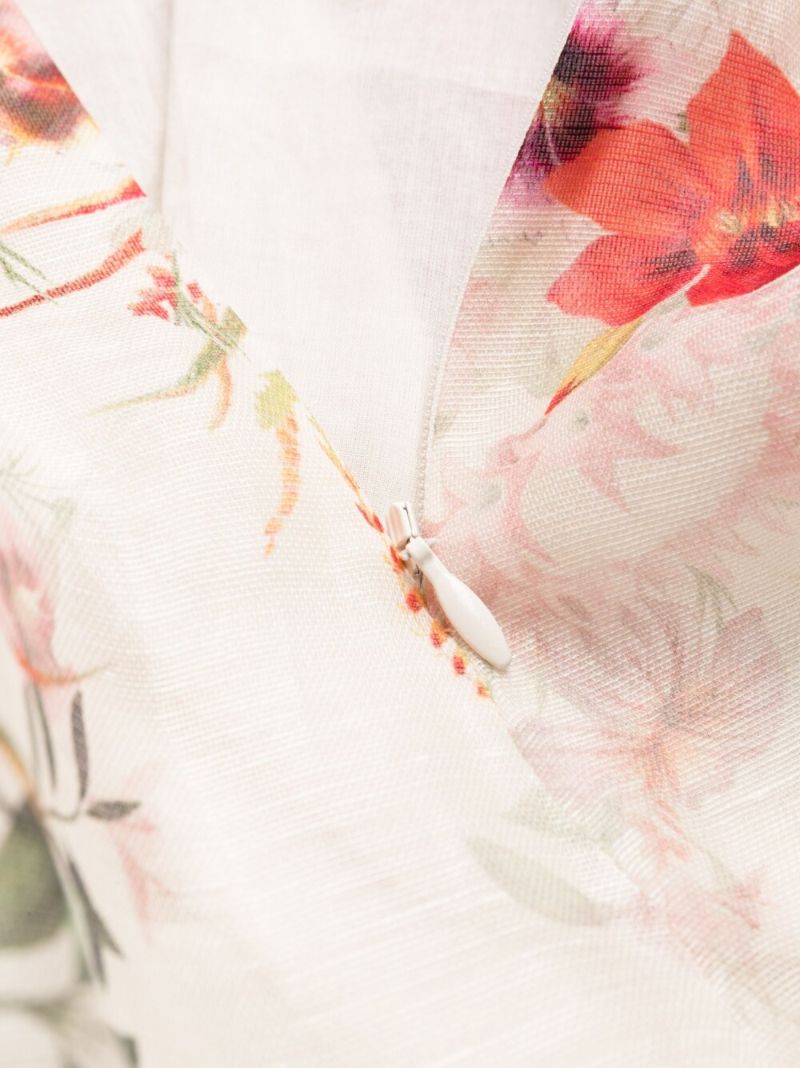 Beige Poppy Print V-neck Flared Dress