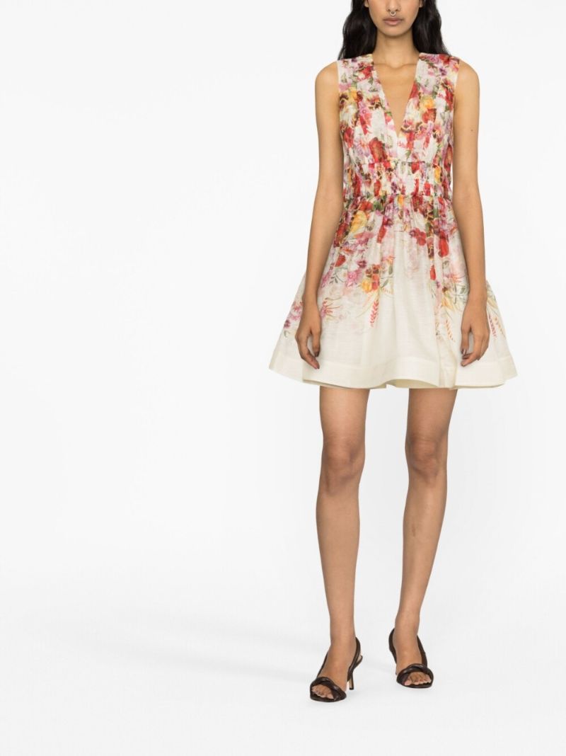 Beige Poppy Print V-neck Flared Dress