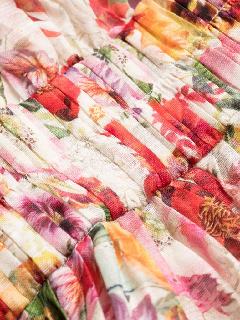 Beige Poppy Print V-neck Flared Dress