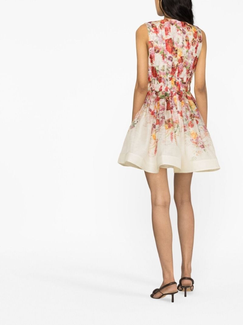 Beige Poppy Print V-neck Flared Dress
