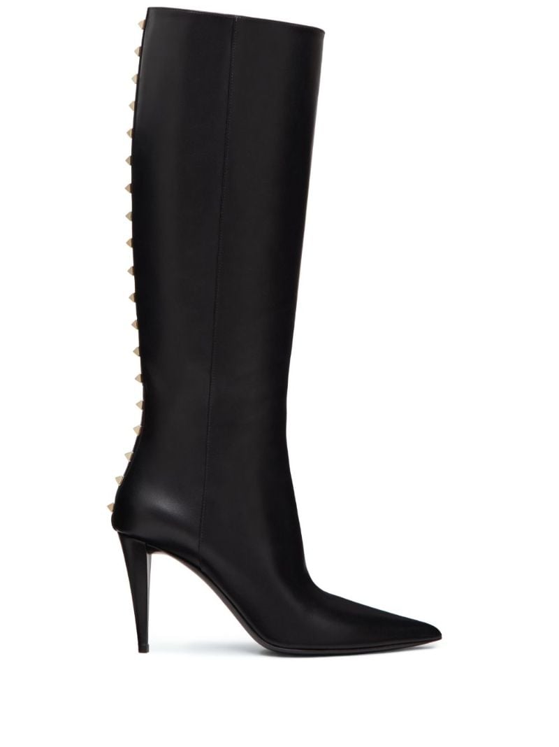 Black Rockstud Leather Knee-high Boots