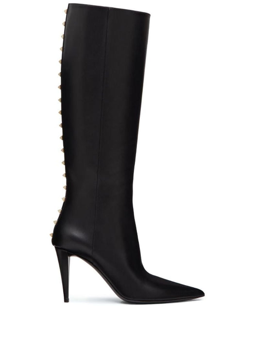 Black Rockstud Leather Knee-high Boots