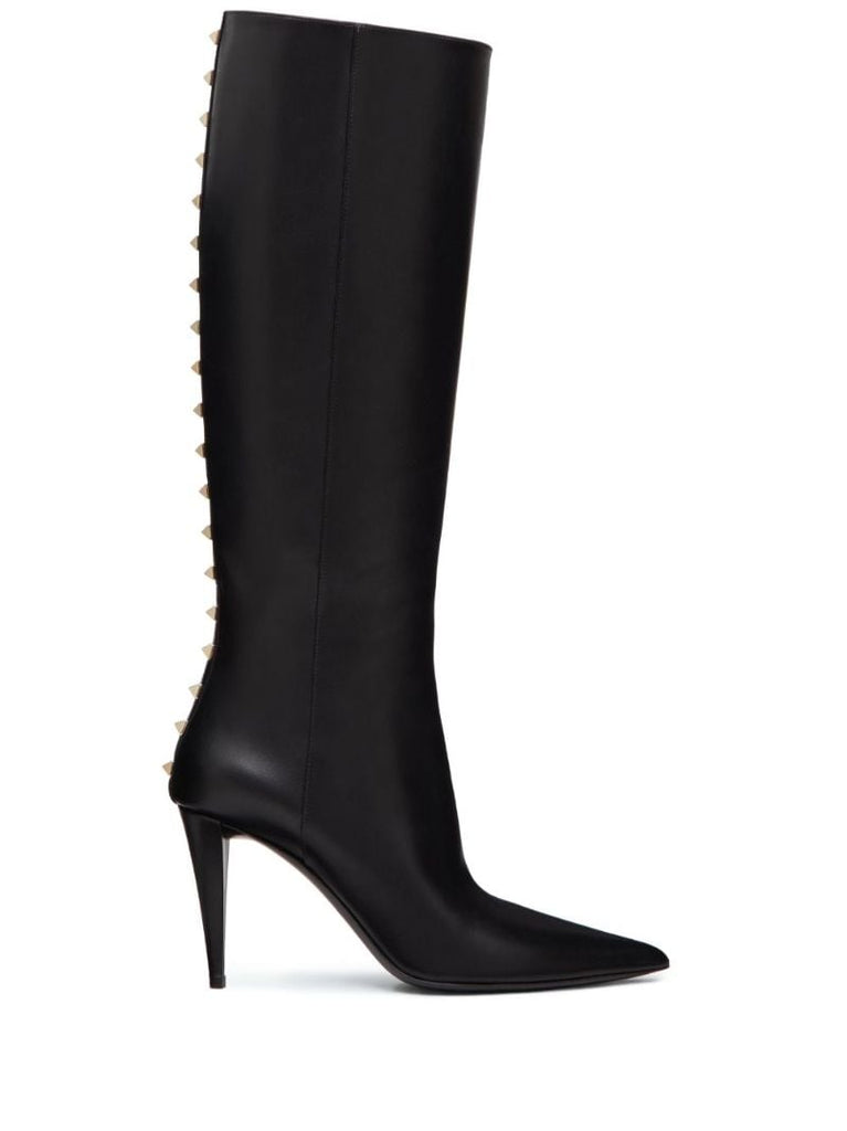 Black Rockstud Leather Knee-high Boots