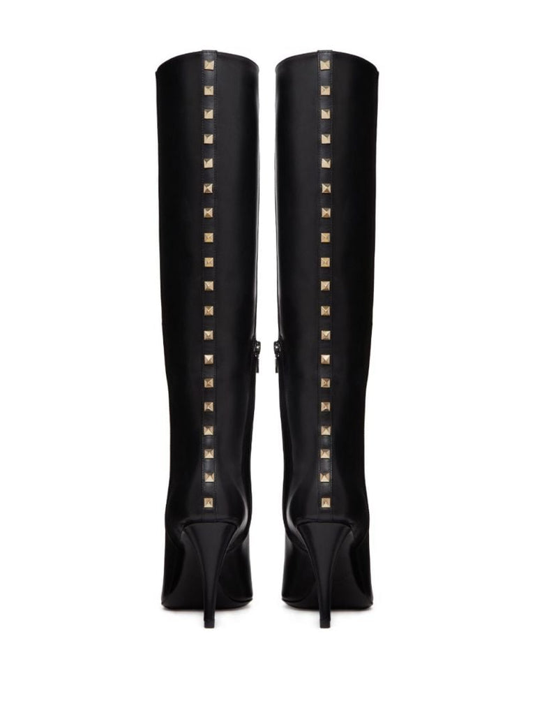 Black Rockstud Leather Knee-high Boots