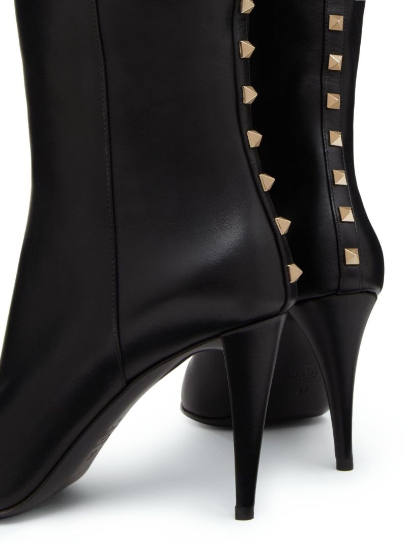 Black Rockstud Leather Knee-high Boots