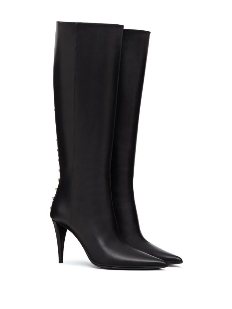 Black Rockstud Leather Knee-high Boots