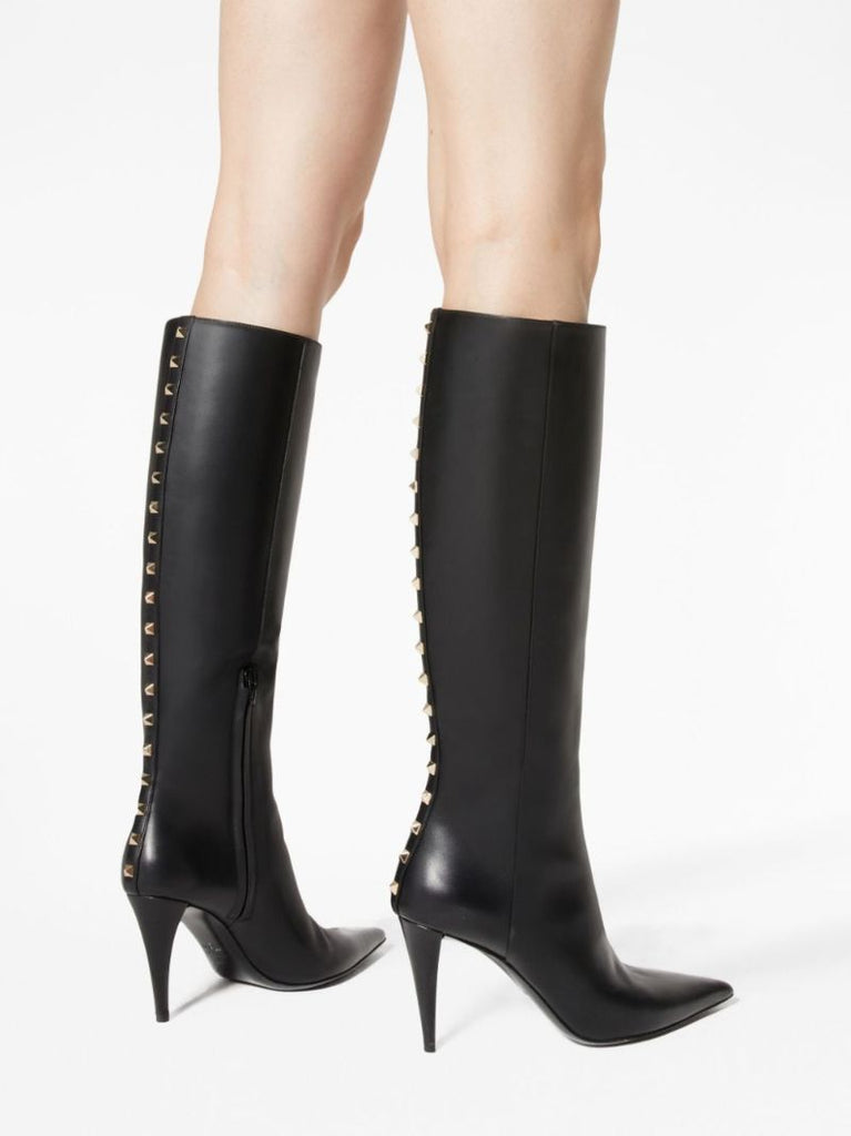 Black Rockstud Leather Knee-high Boots
