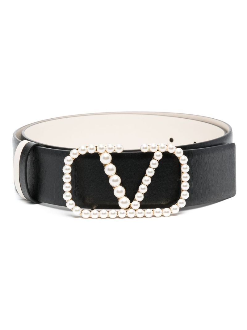 Black Vlogo Faux-pearl Reversible Leather Belt