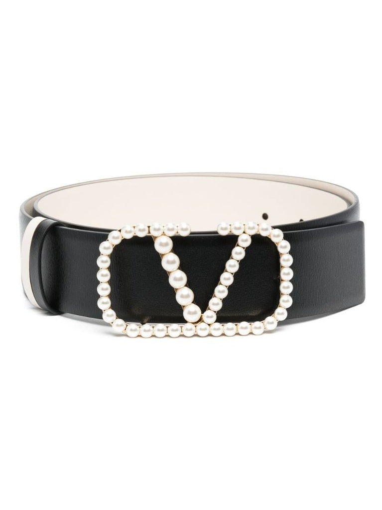 Black Vlogo Faux-pearl Reversible Leather Belt