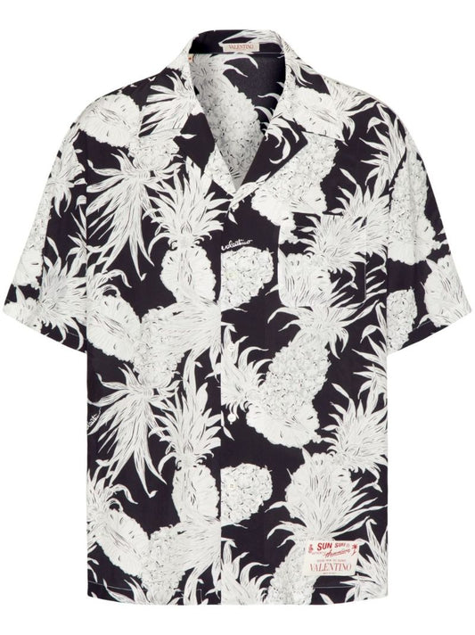 X Sun Surf Black Pineapple-print Silk Shirt
