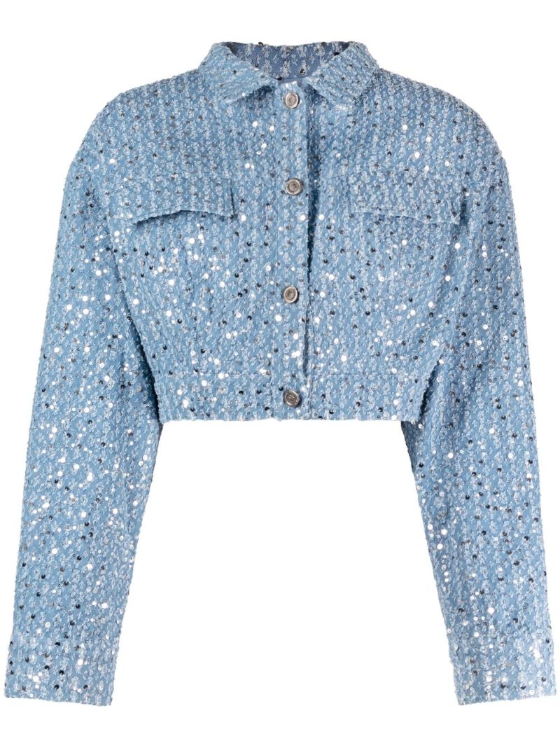 Blue Sequin-embellished Cropped Denim Jacket