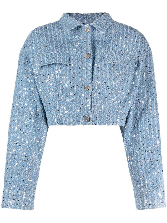 Blue Sequin-embellished Cropped Denim Jacket
