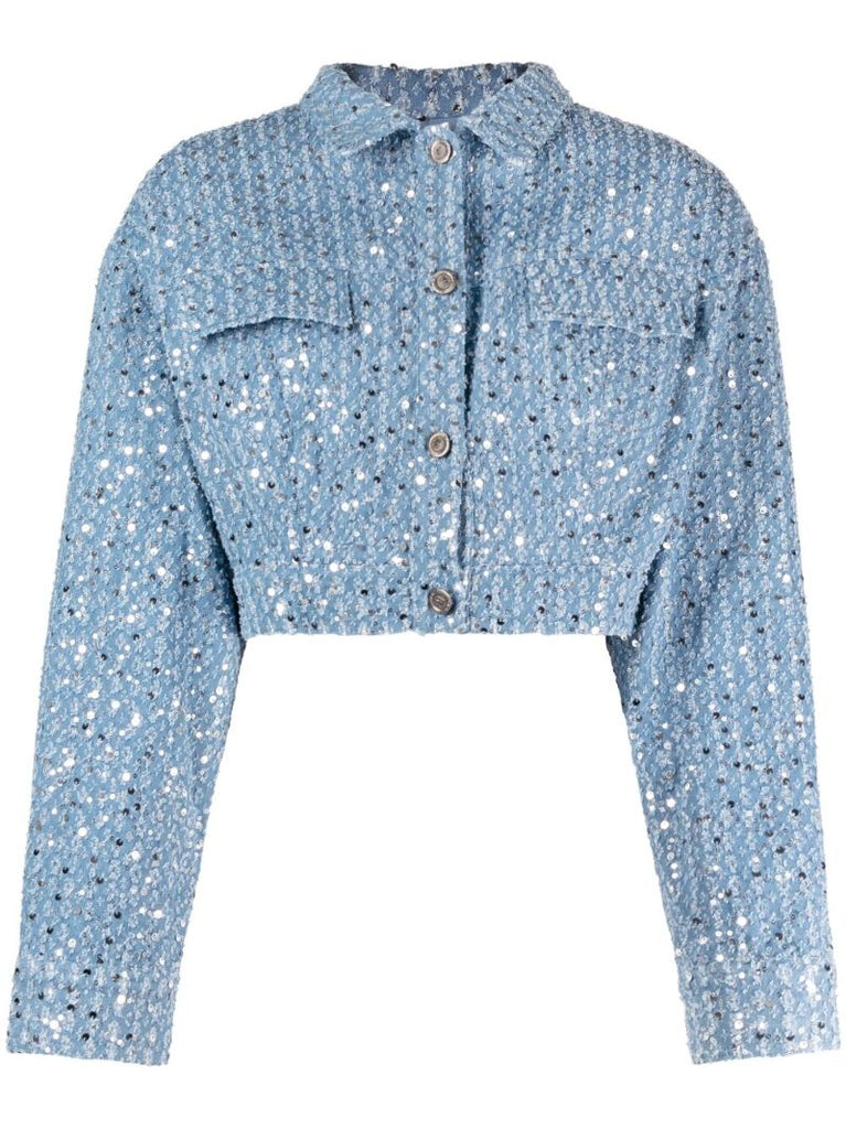 Blue Sequin-embellished Cropped Denim Jacket