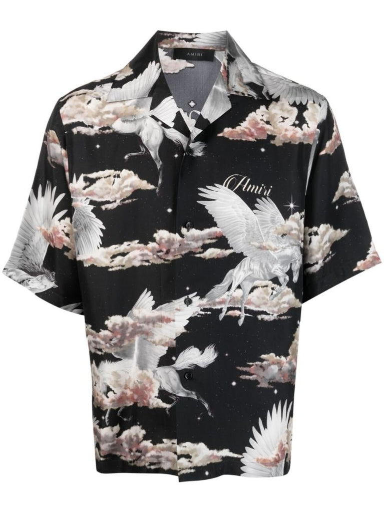 Black Pegasus Print Silk Shirt