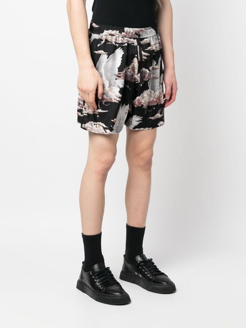 Black Bird Print Silk Track Shorts