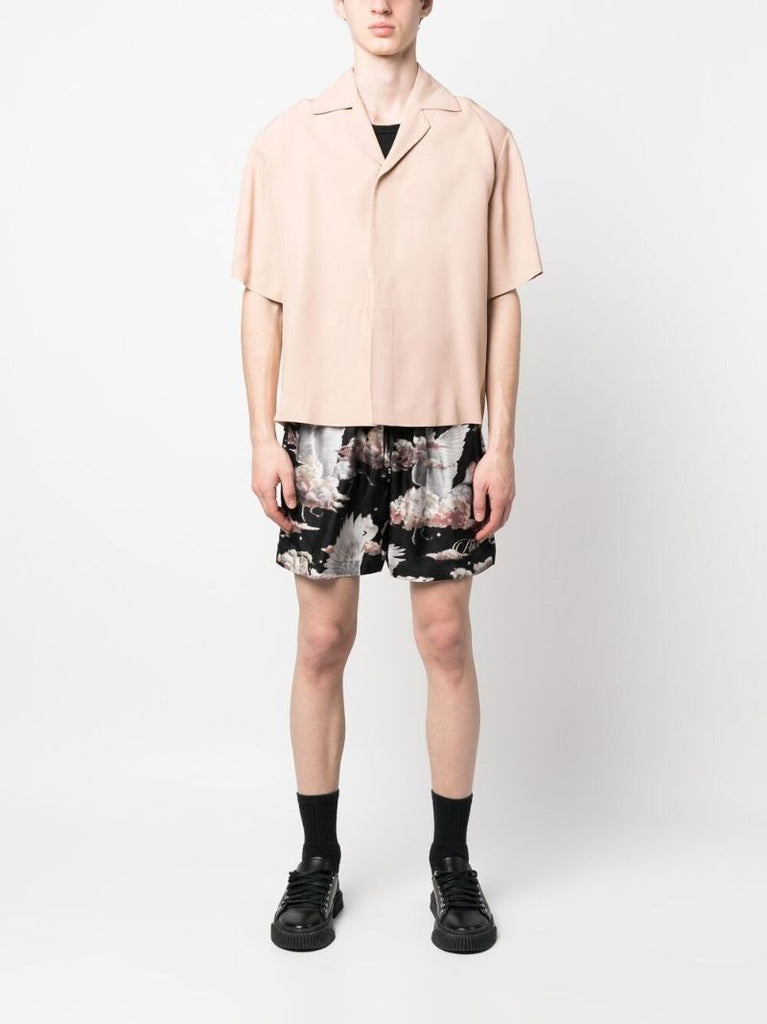 Black Bird Print Silk Track Shorts