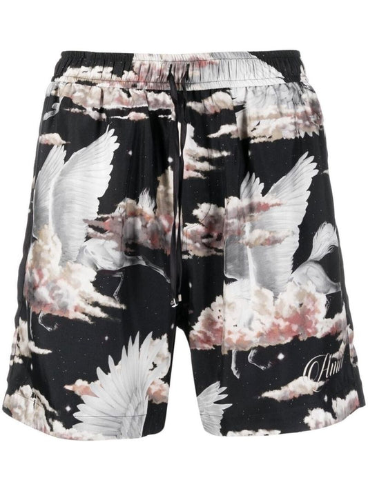 Black Bird Print Silk Track Shorts
