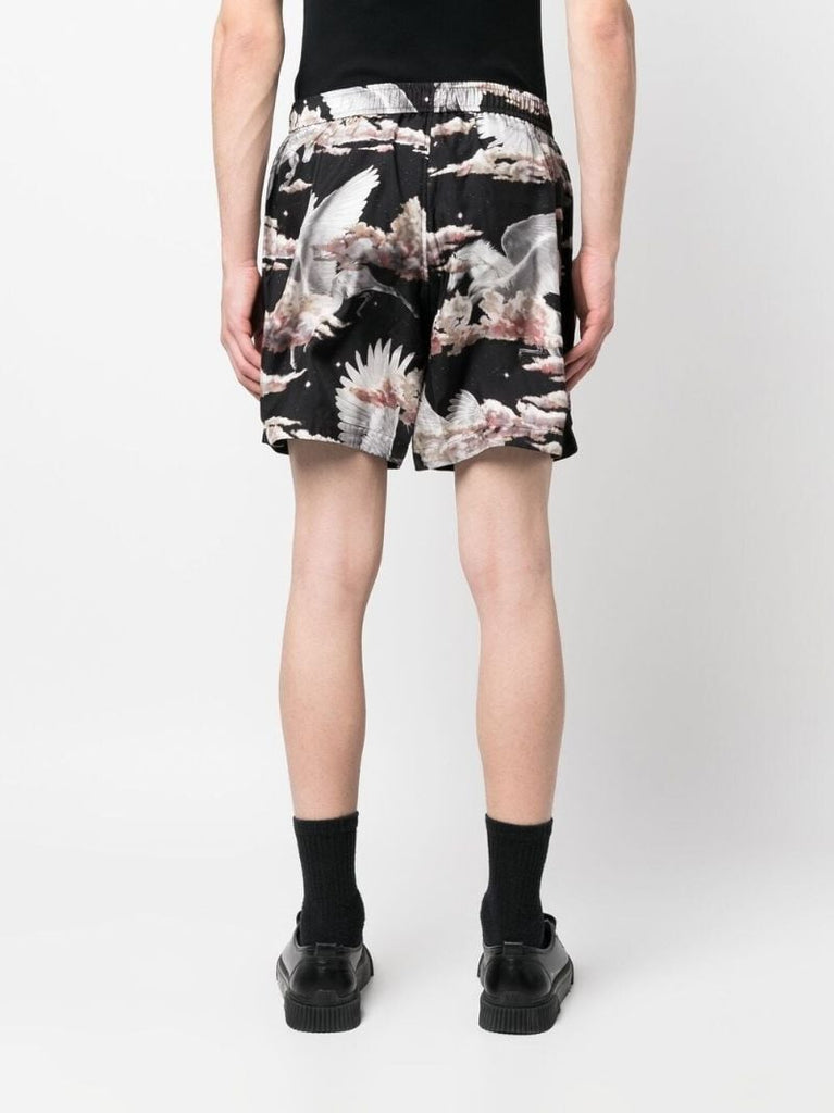 Black Bird Print Silk Track Shorts