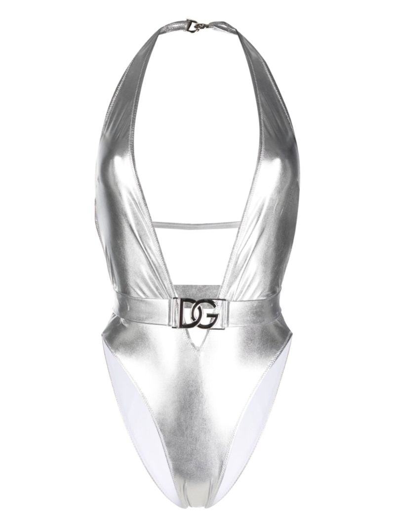 Silver Logo Plaque Halterneck Swimsuit