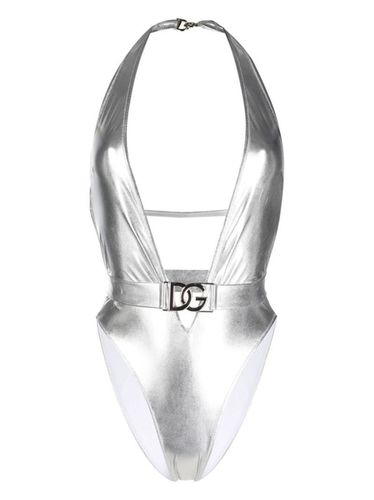 Silver Logo Plaque Halterneck Swimsuit