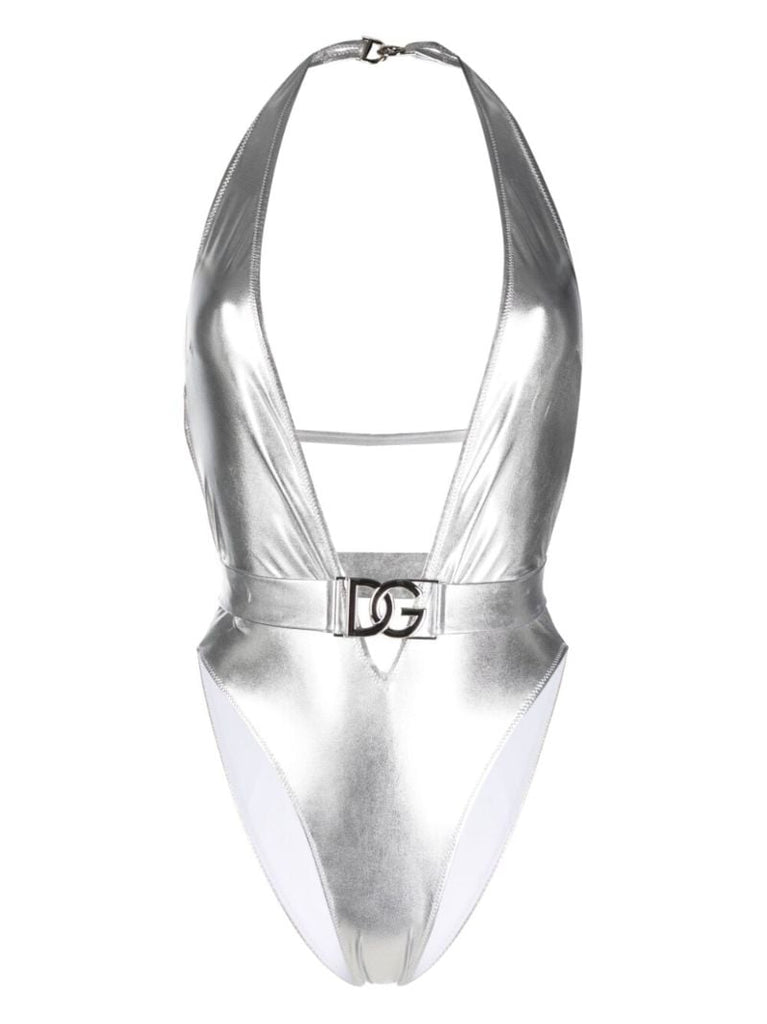 Silver Logo Plaque Halterneck Swimsuit
